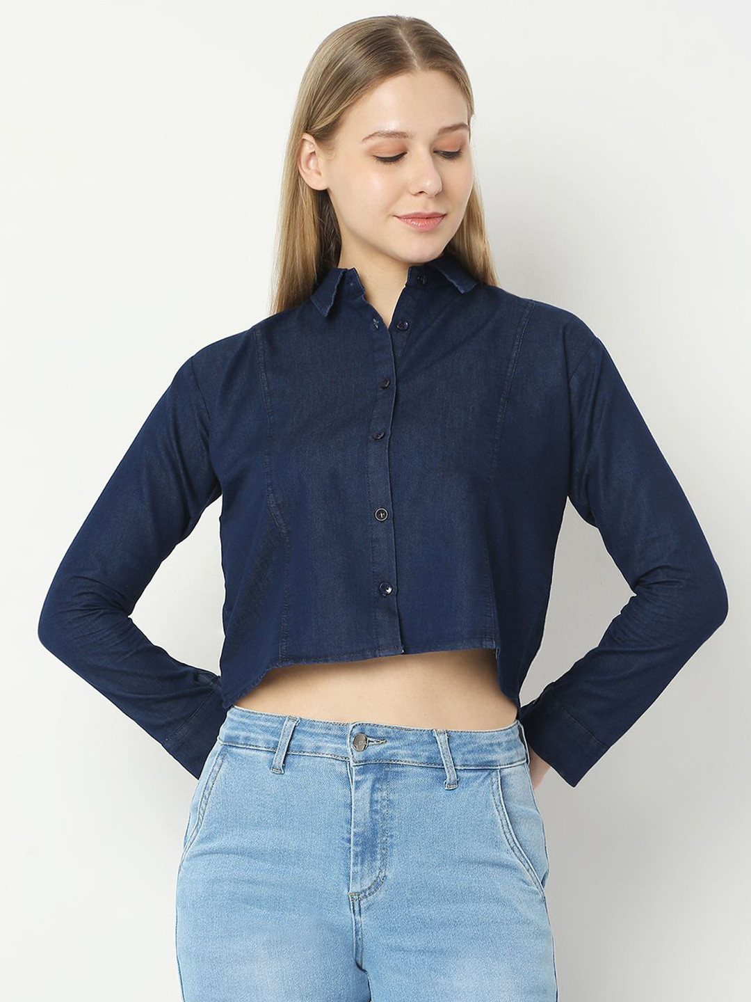 Smarty Pants Women Comfort Spread Collar Solid Denim Boxy Casual Shirt