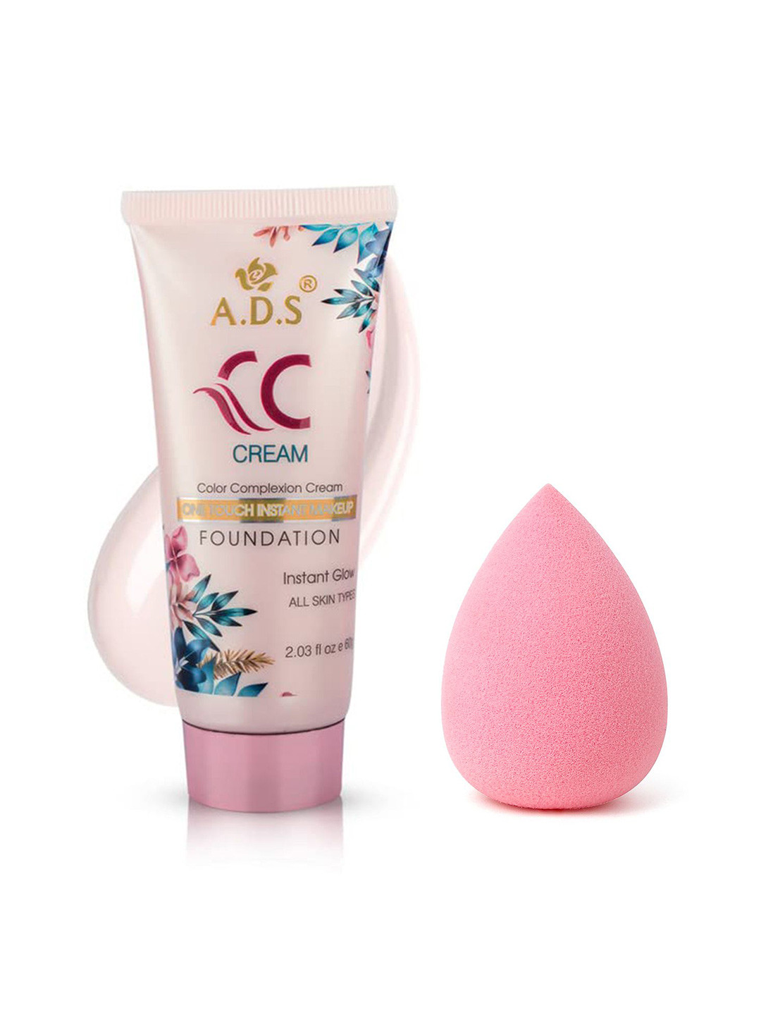 A.D.S One Touch Instant Makeup CC Cream & Sponge Beauty Blender Puff, 60gm Shade-01