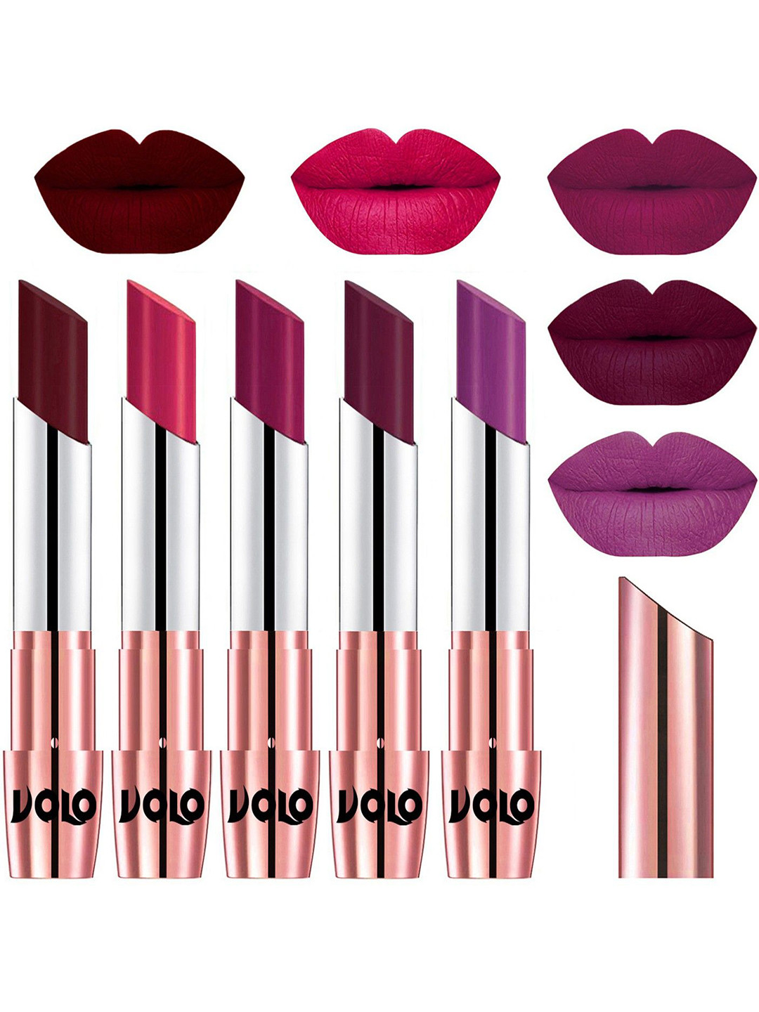 VOLO Set Of 5 Creme Matte Lipstick-Maroon-Passion Pink- Magenta- Wine- Purple