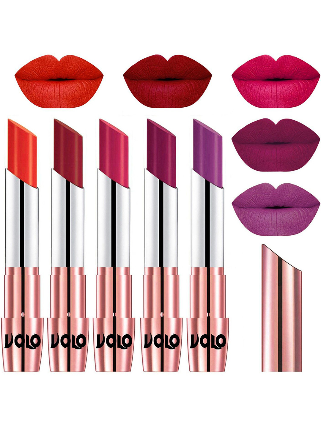 VOLO Set Of 5 Creme Matte Lipsticks - Coral 39-Red 43-Passion Pink 44-Magenta 45-Purple 48