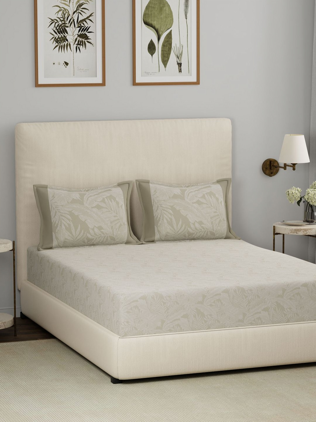 MASPAR Eclectic Garden Beige Leaf Pure Cotton 210 TC King Fine Bedsheet with 2 Pillow Covers-108 x 108 inches