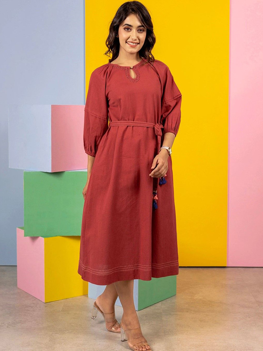 AUTUMN LANE Women Avanti Cotton A-Line Midi Ethnic Dresses