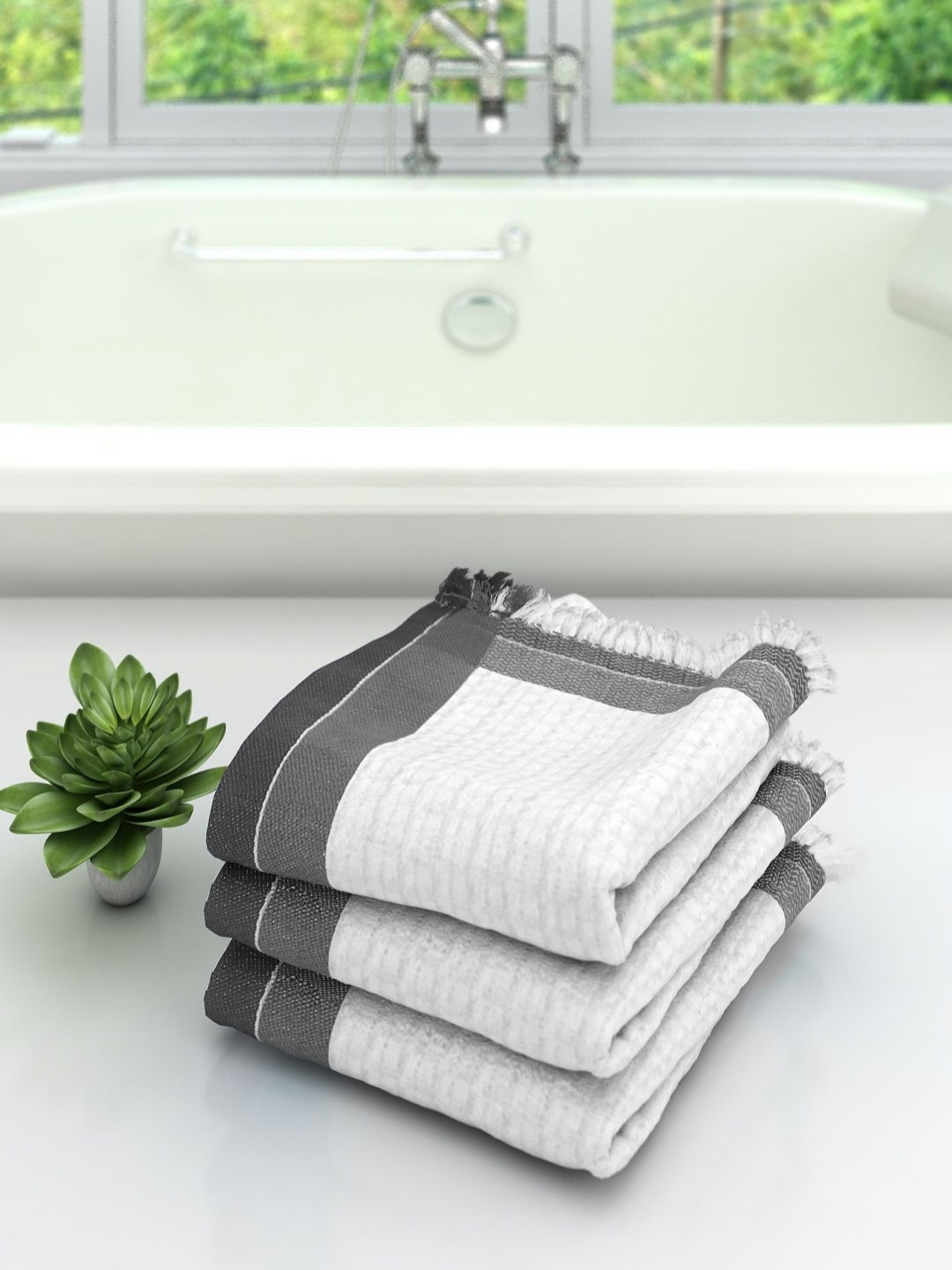 Aura White & Grey 3 Pieces Textured 210 GSM Pure Cotton Quick-Dry Bath Towel