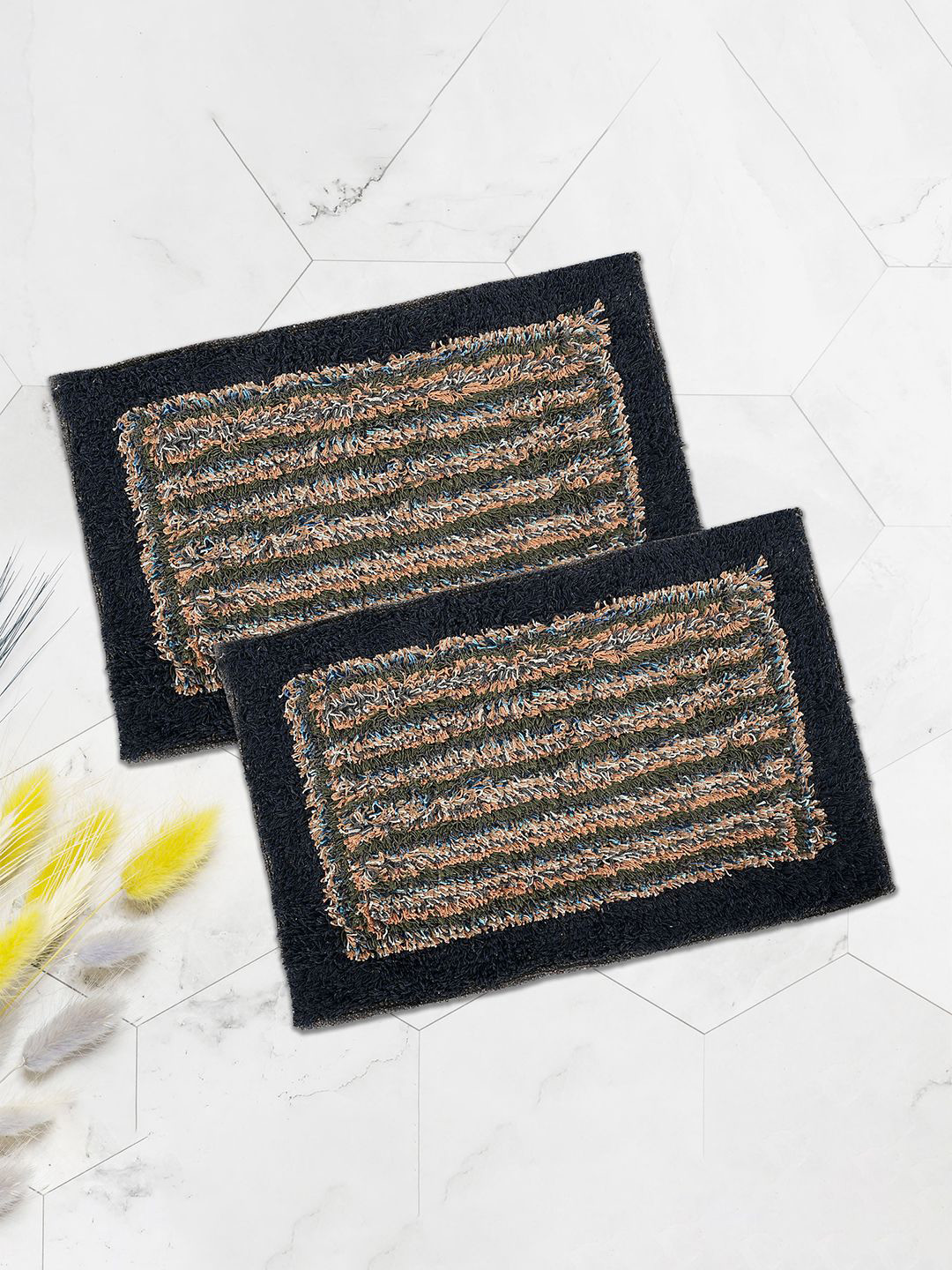 Kuber Industries Blue & Green 2 Pieces No Shredding Cotton Bathroom Mats