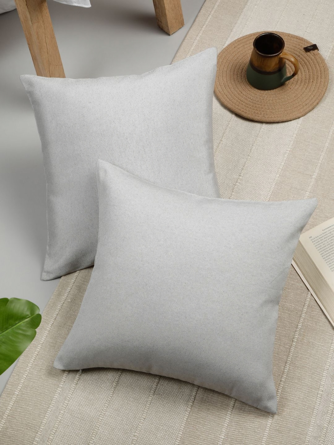 ROSARA HOME Grey Polyester Silk Washable 2 Piece Textured Square Cushion Covers -16x16In
