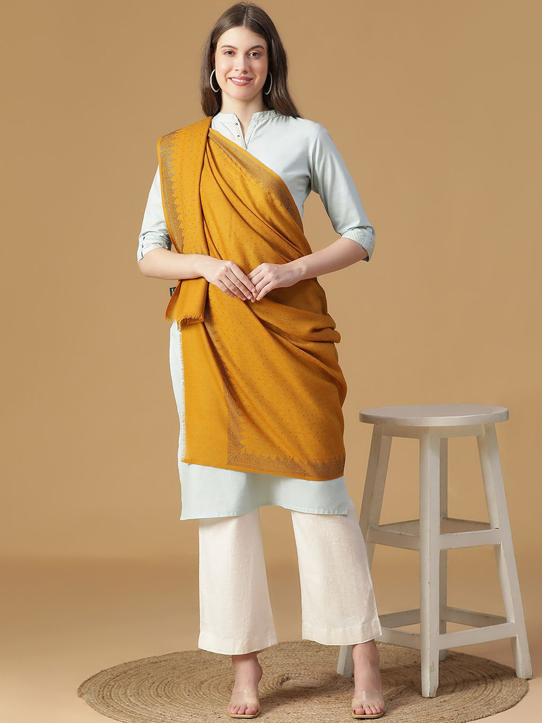 SHINGORA Glimmering Twilight Geometric Embroidered Beads & Stones Woollen Fringed Shawl