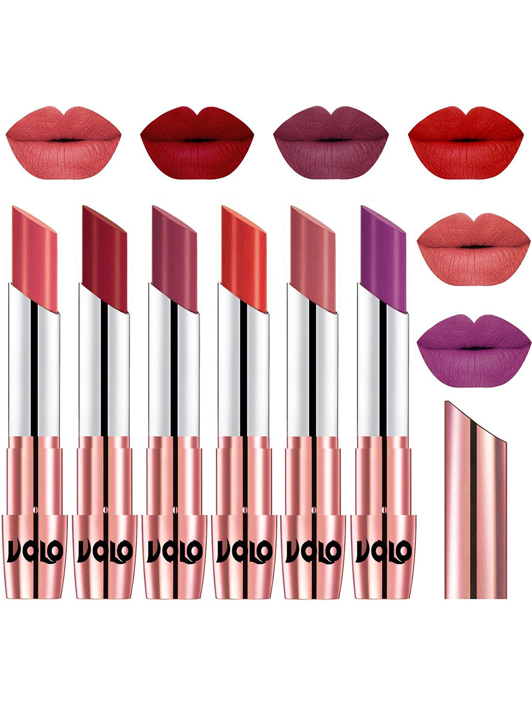 VOLO Set Of 6 Creme Matte Lipsticks 3.5g- Dark Peach-Red, Cherry-Orange-Light Peach-Purple