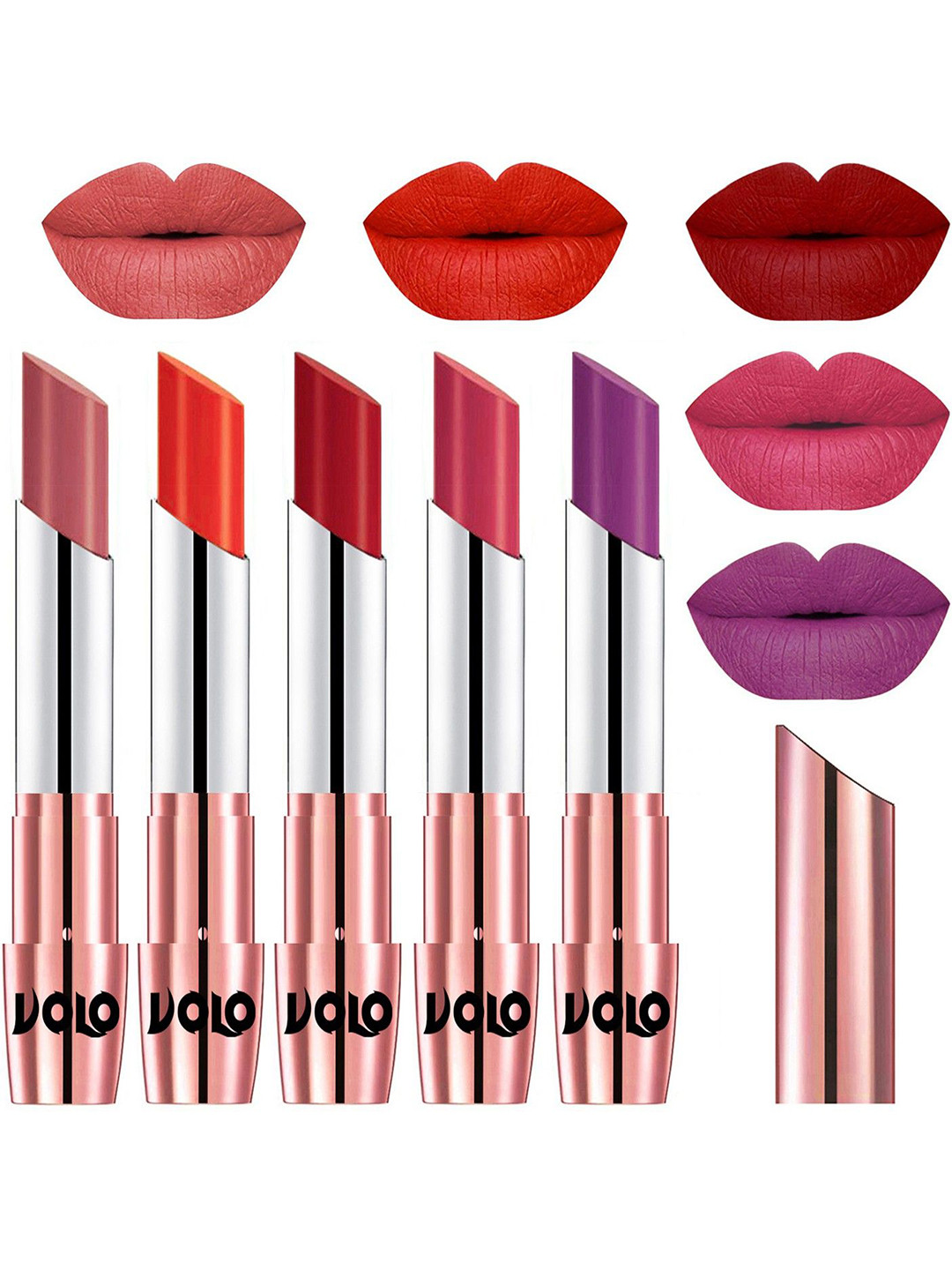 VOLO Set Of 5 Creme Matte Lipstick-3.5g Each- Light Peach-Coral-Tomato Red-Pink-Purple