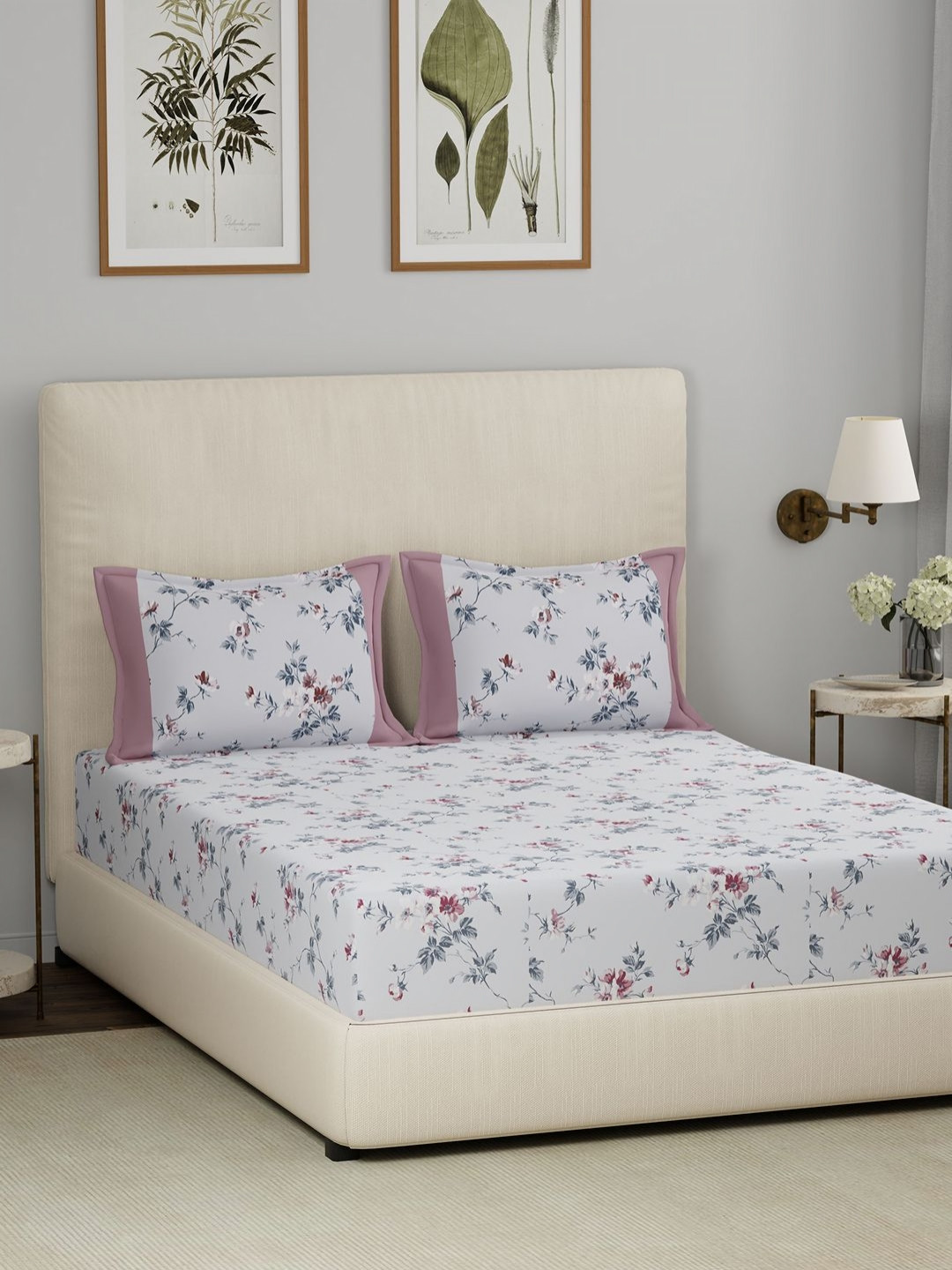 MASPAR Eclectic Garden Florate White Floral Cotton Breathable 210 TC Queen Fine Bedsheet with 2 Pillow Covers-88 x 108 inches