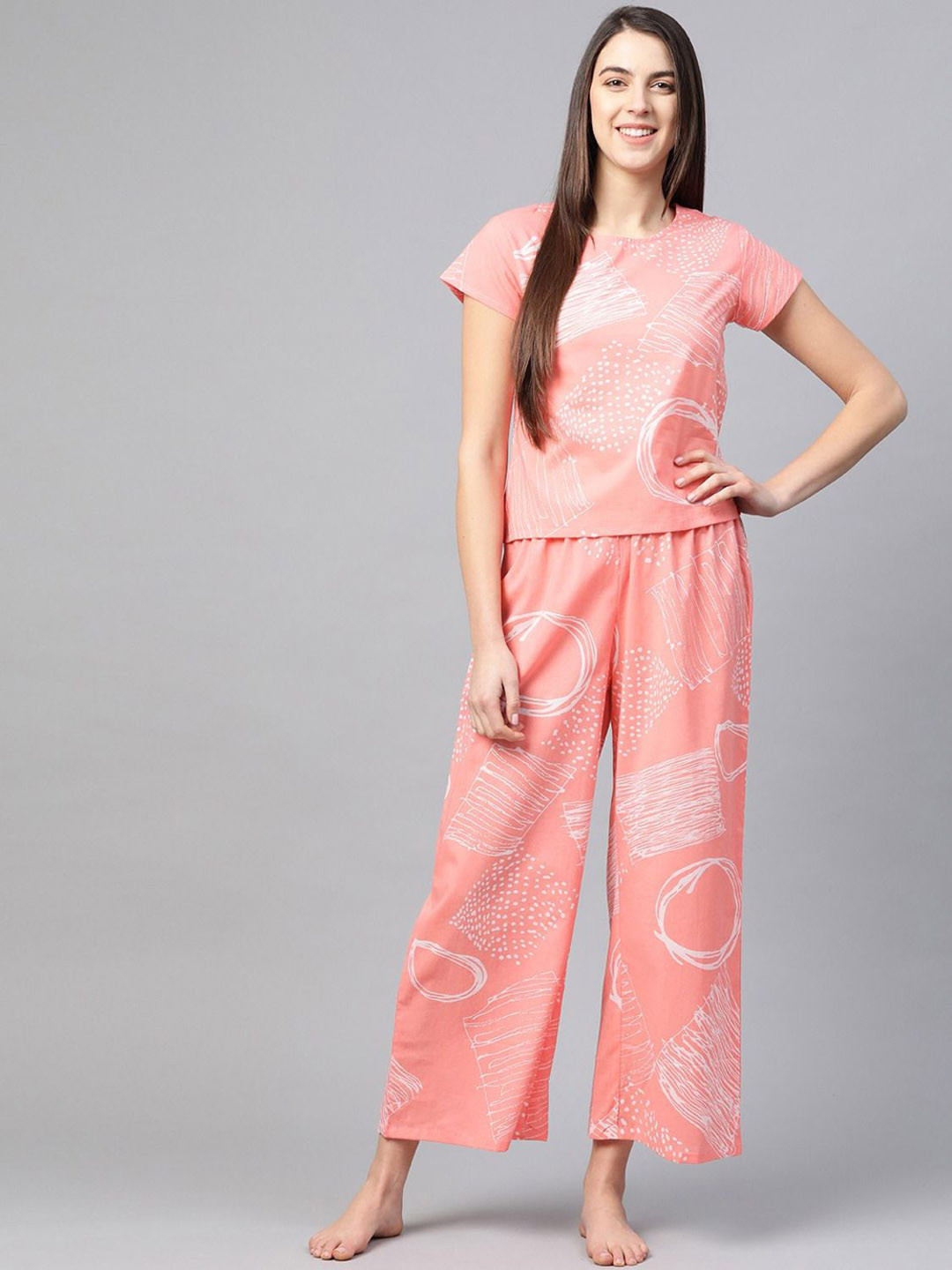 YASH GALLERY Women Geometric Printed Short Sleeves Pure Cotton Night suit