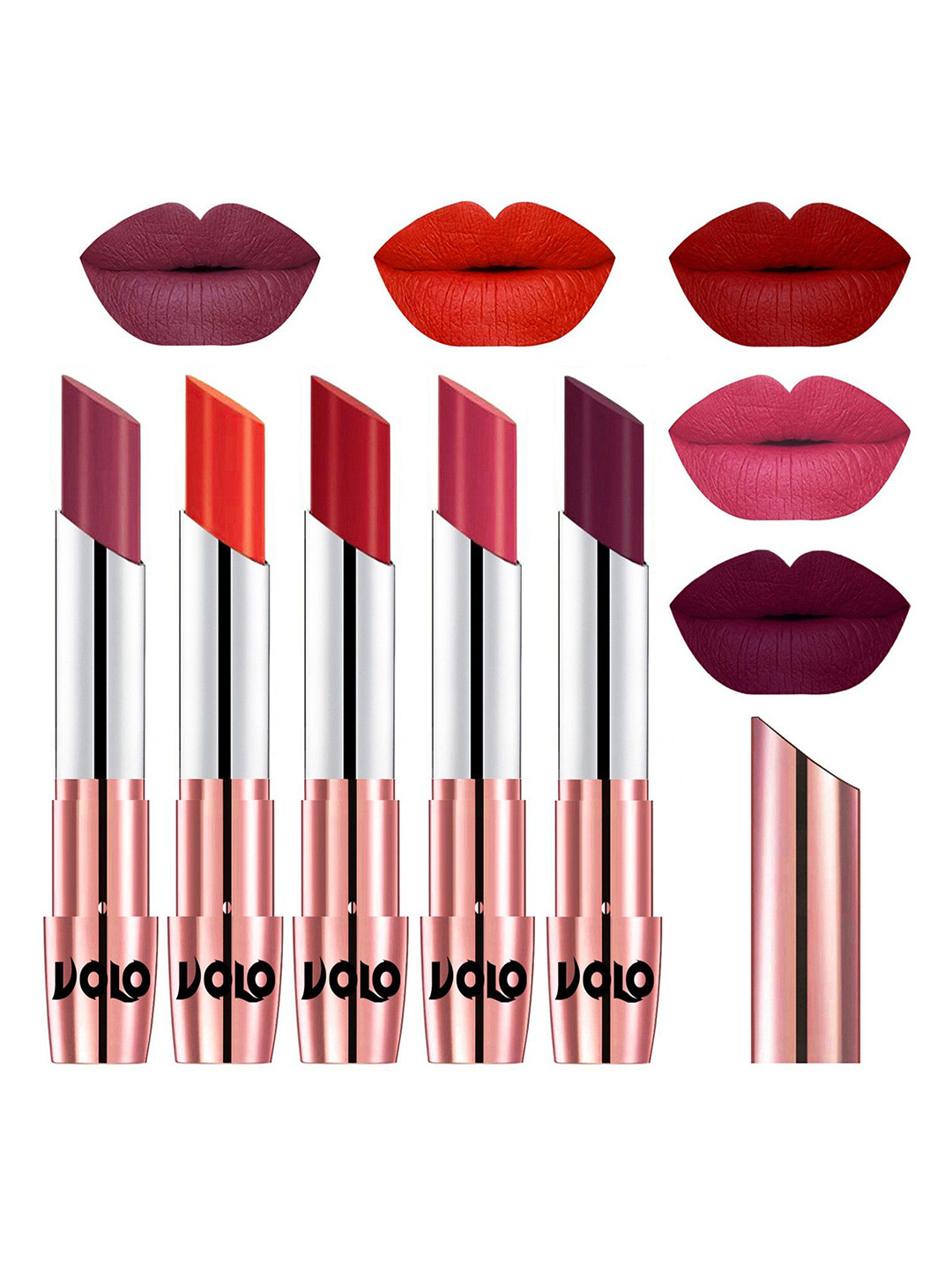 VOLO Set Of 5 Creme Matte Lipstick 3.5g Each -Cherry-Coral-Tomato Red-Pink-Wine