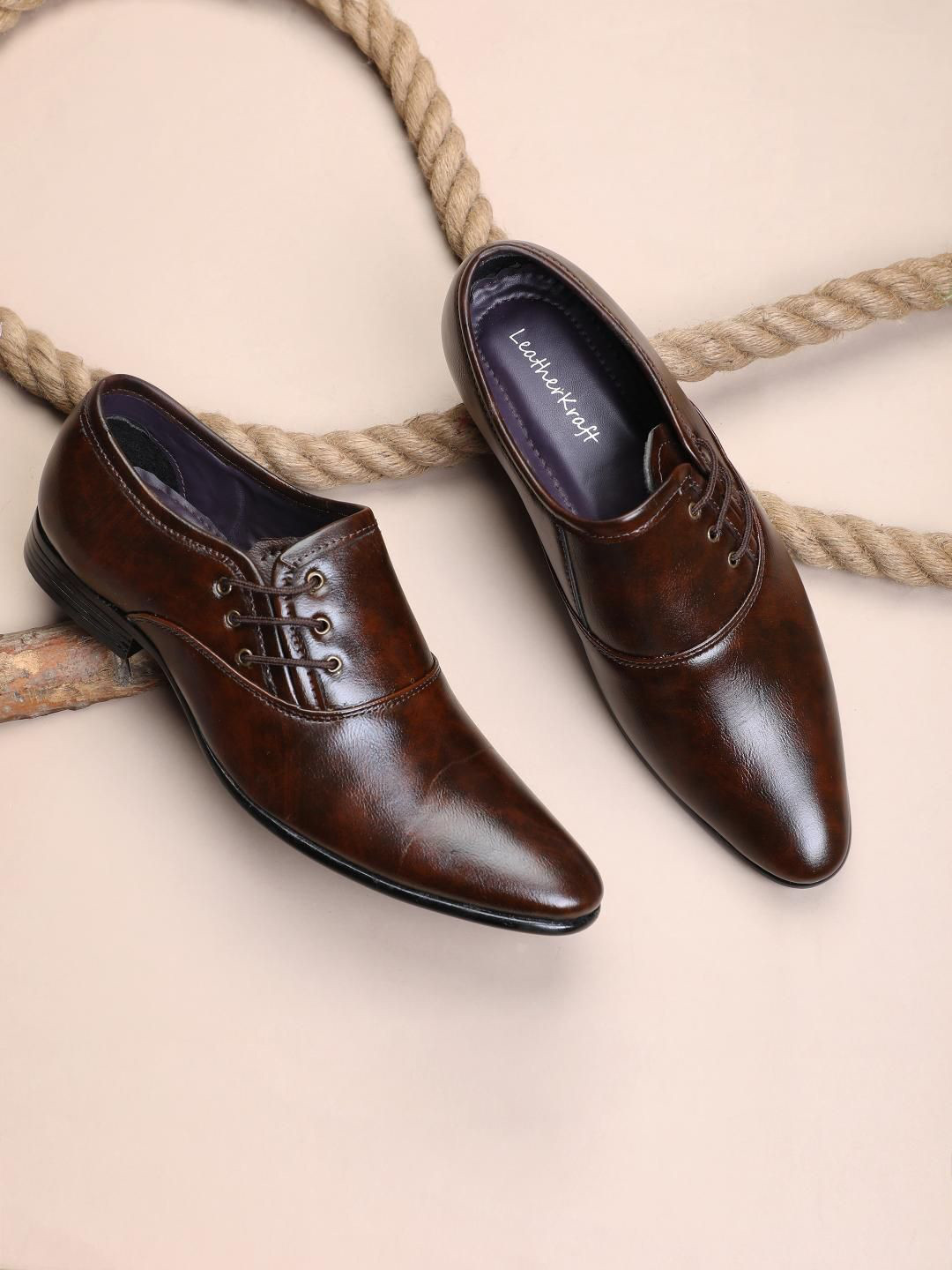 LeatherKraft Men Pointed-Toe Stacked Heel Lace-Up Formal Oxfords