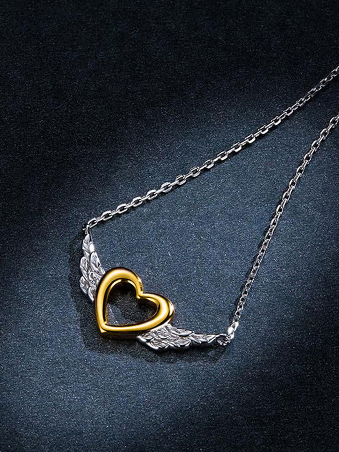 Peora Silver-Plated Heart & Wing Design Pendant Chain Necklace