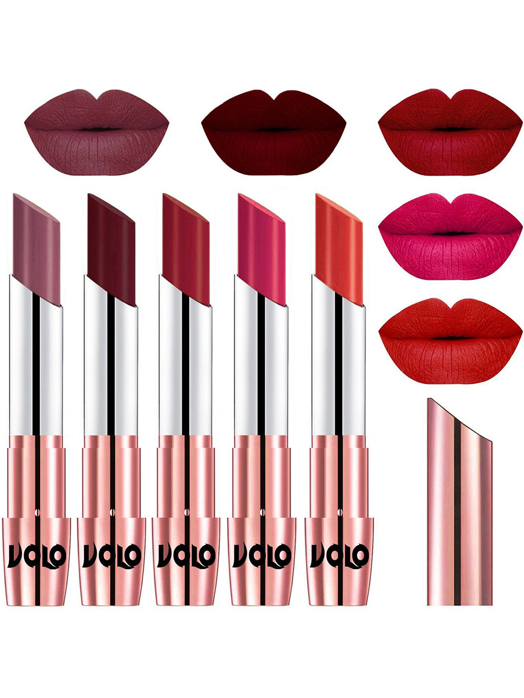VOLO Set Of 5 Creme Matte Lipstick-3.5g Each-Plum-Maroon-Red-Passion Pink-Orange