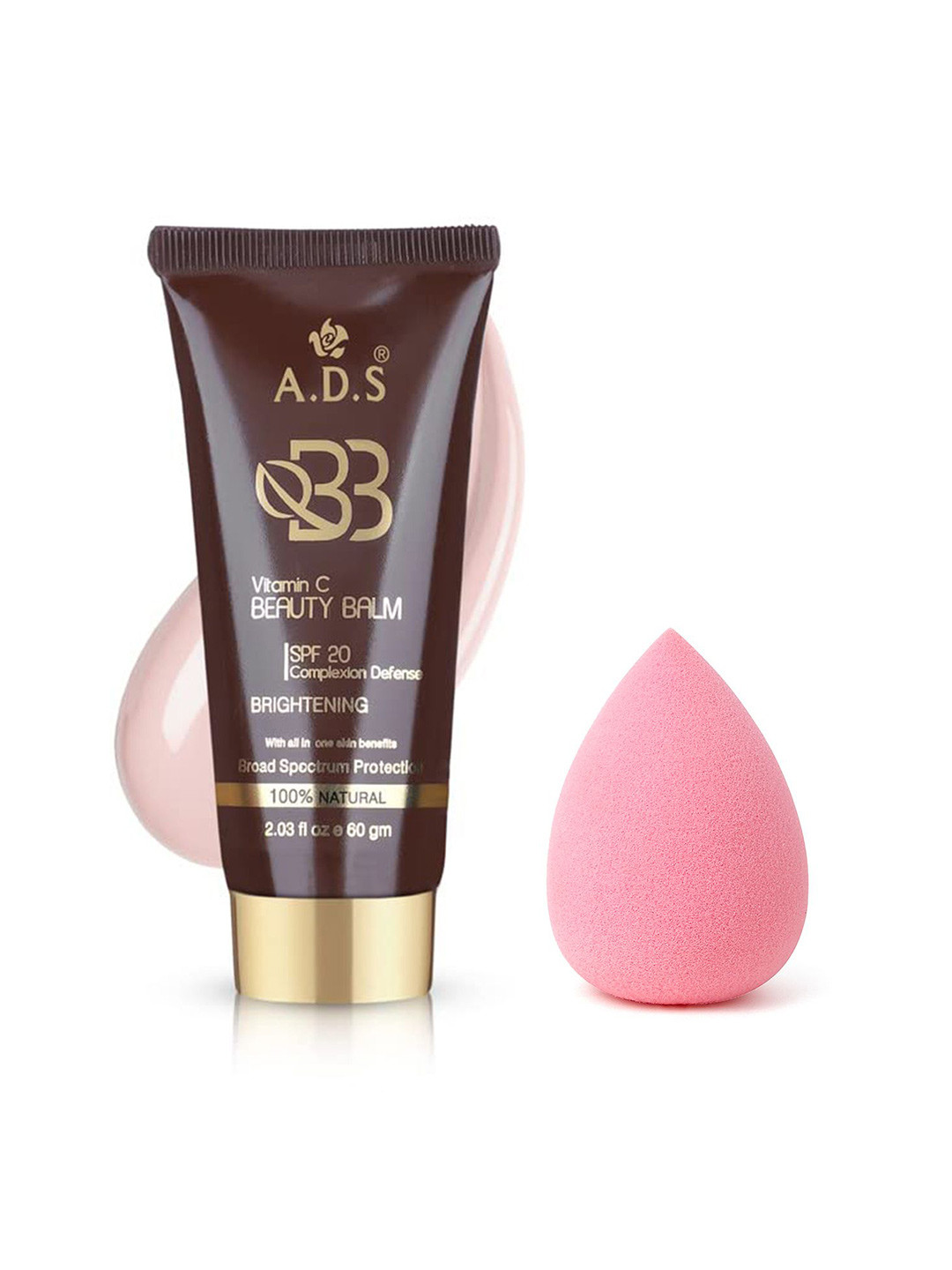A.D.S SPF-20 Vitamin C Beauty Balm Foundation & Sponge Beauty Blender Puff, 60gm Shade-02