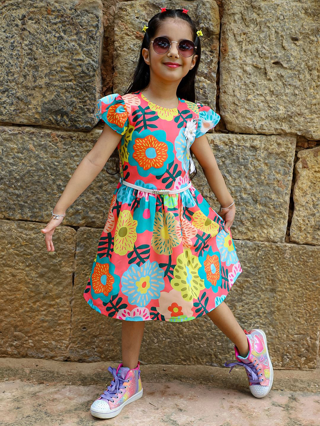 Stuffie Land Girls Floral Printed Cap Sleeve Fit & Flare Dress with Belt