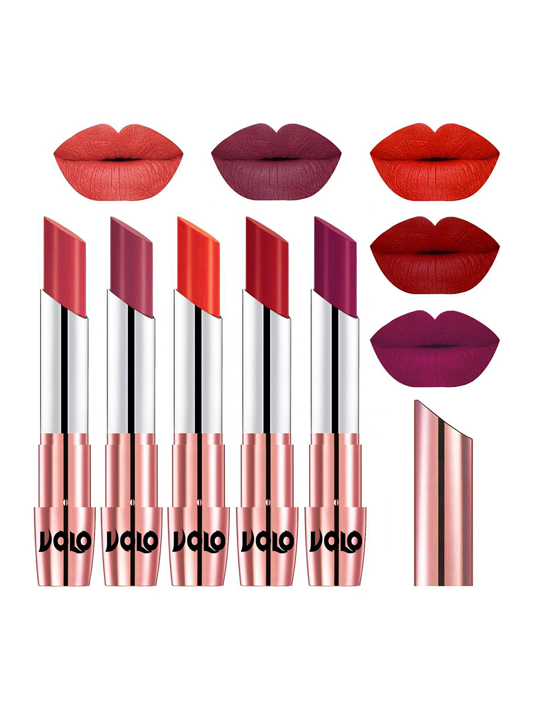 VOLO Set Of 5 Creme Matte Lipstick-3.5 g Each-Peach, Rose Pink, Coral, Tomato Red, Magenta