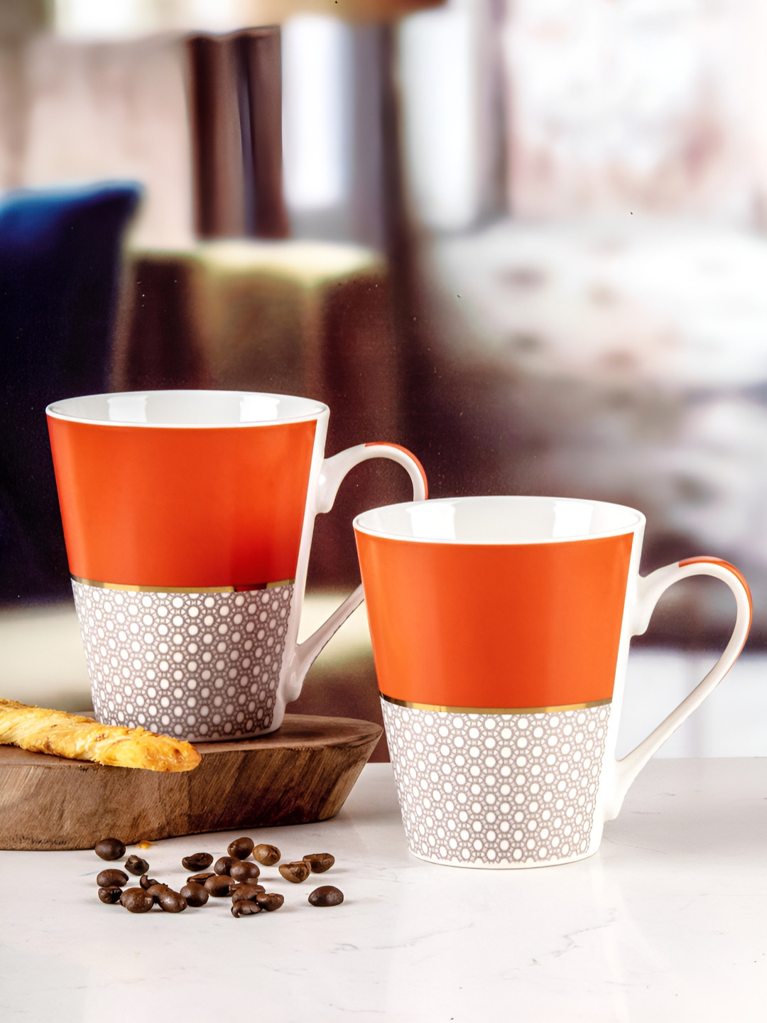 White Gold White & Orange 2 Pieces Printed Porcelain Glossy Tea & Coffee Mugs