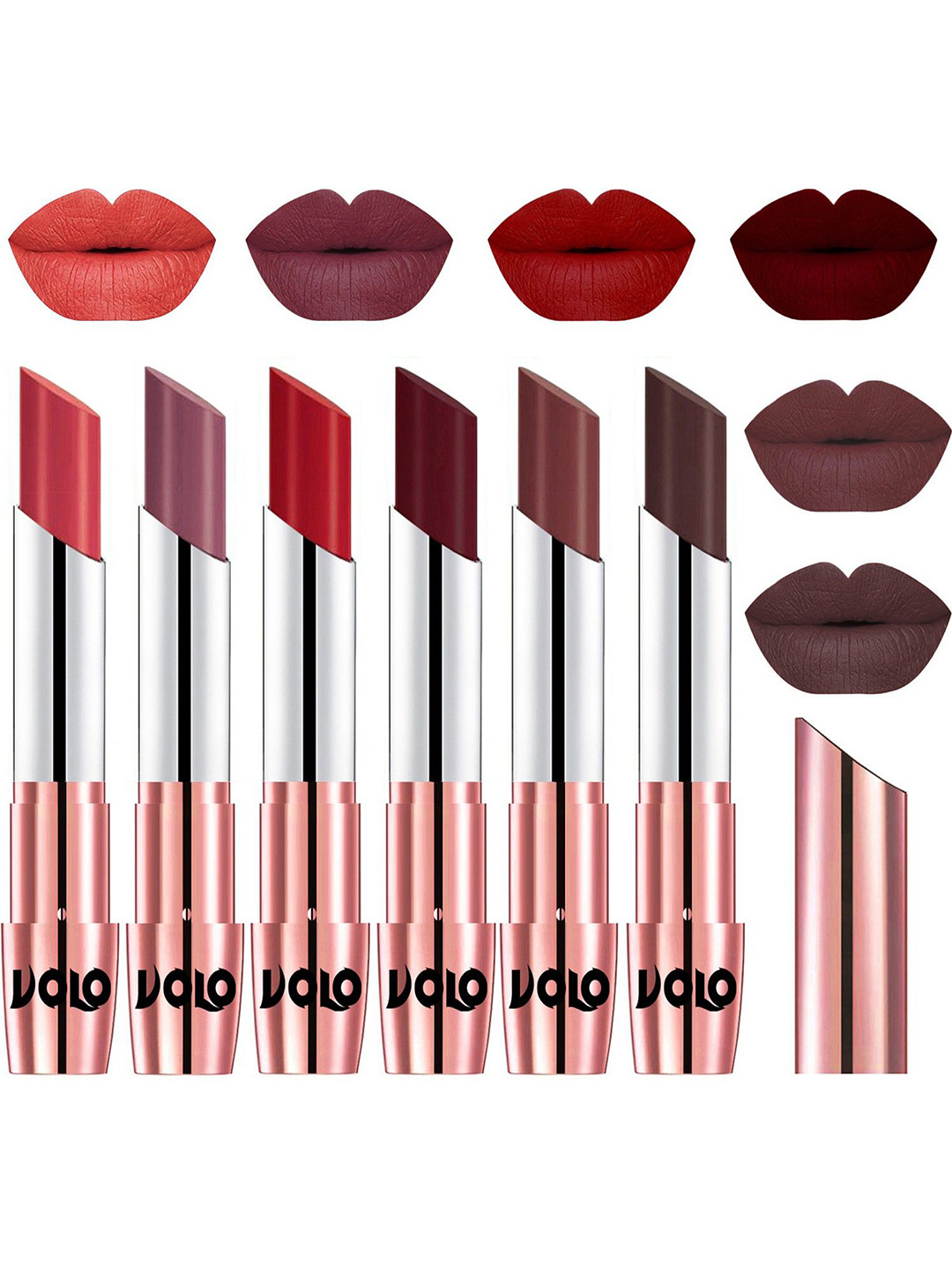 VOLO 6 Pcs Creme Matte Lipstick- 3.5g Each - Peach-Plum-Tomato Red-Maroon-Coffee-Chocolate