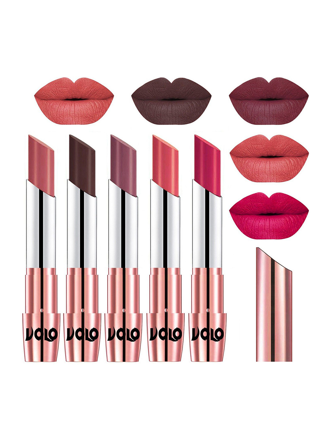 VOLO Set Of 5 Creme Matte Lipstick 3.5g Light Peach-Chocolate-Plum-Dark Peach-Passion Pink