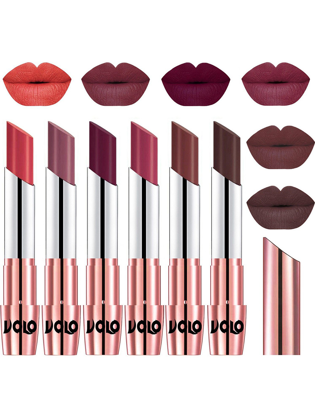 VOLO Set Of 6 Creme Matte Lipsticks 3.5 g Each -Peach-Plum-Wine-Rose Pink-Coffee-Chocolate