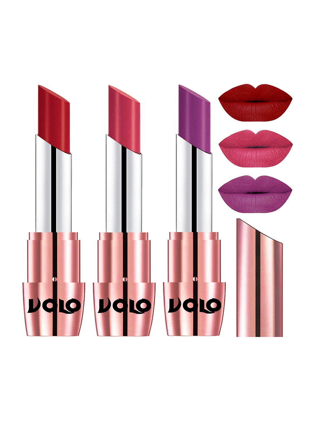 VOLO Set Of 3 Creme Matte Lipstick 3.5 g Each - Tomato Red 640 - Purple 641 - Pink 648