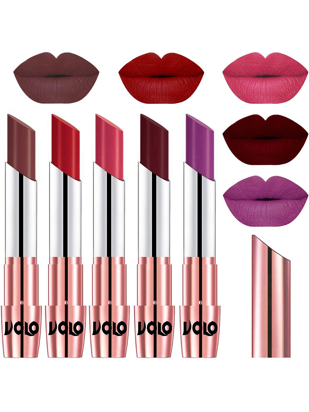 VOLO Set Of 5 Creme Matte Lipsticks - Coffee 34-Tomato Red 40- Pink 41-Maroon 42-Purple 48