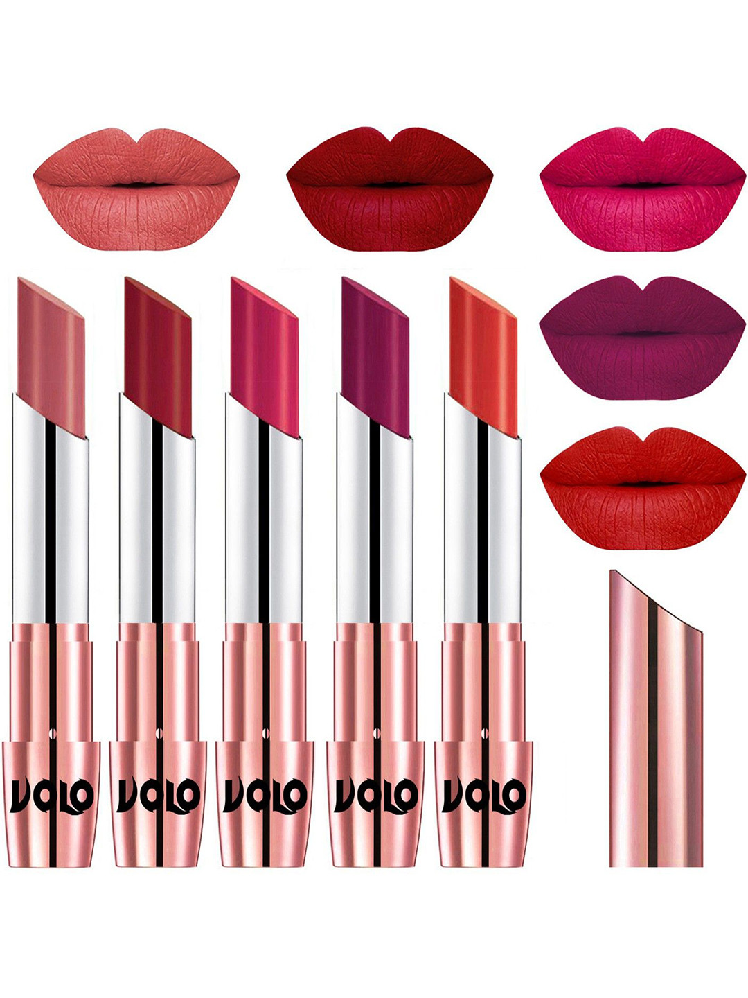 VOLO Set Of 5 Creme Matte Lipstick-3.5 g Each-Light Peach-Red-Passion Pink-Magenta-Orange