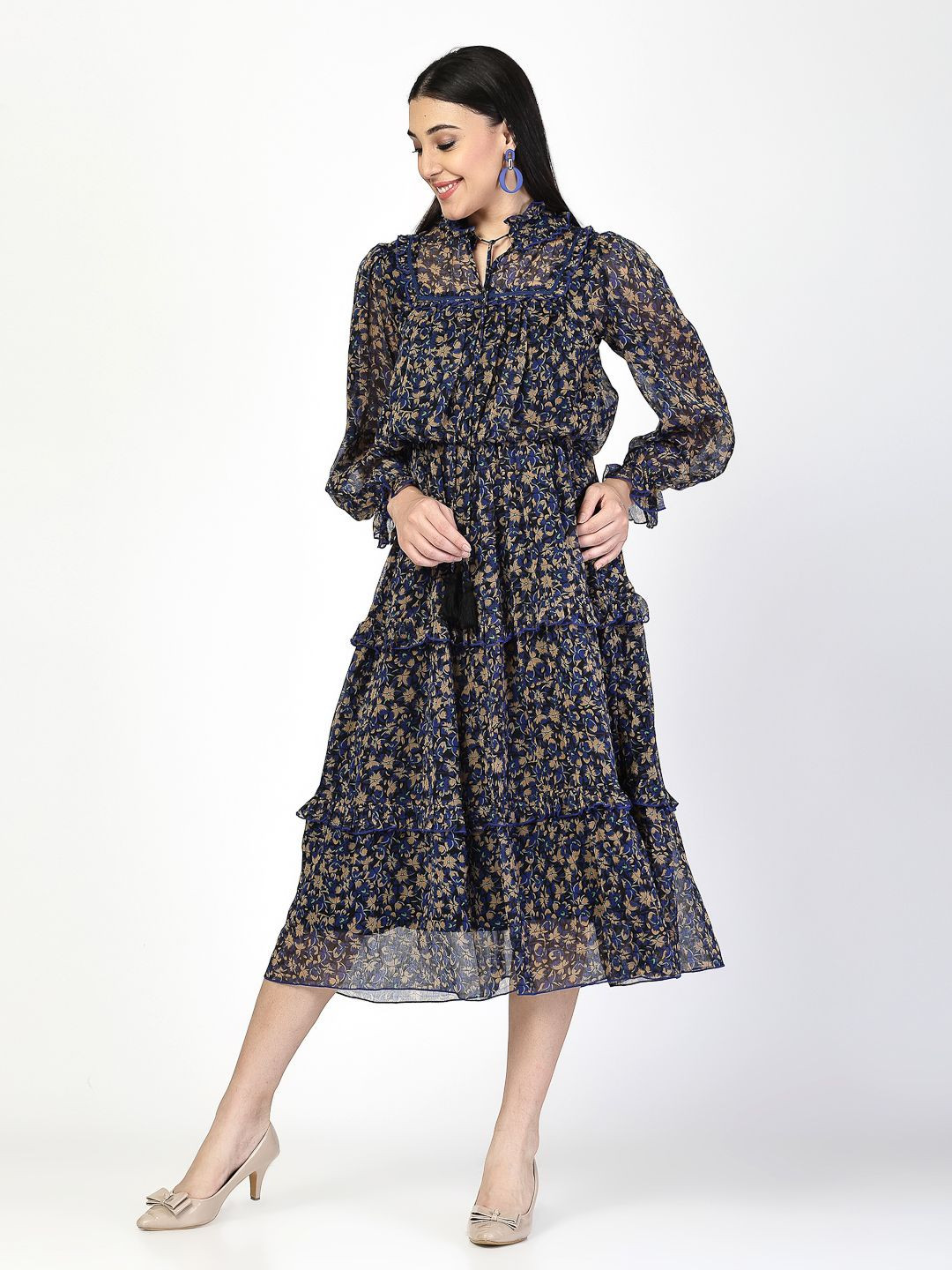 COSMIC TRIO Floral Print Tie-Up Neck Puff Sleeve Layered Midi Fit and Flare Dress
