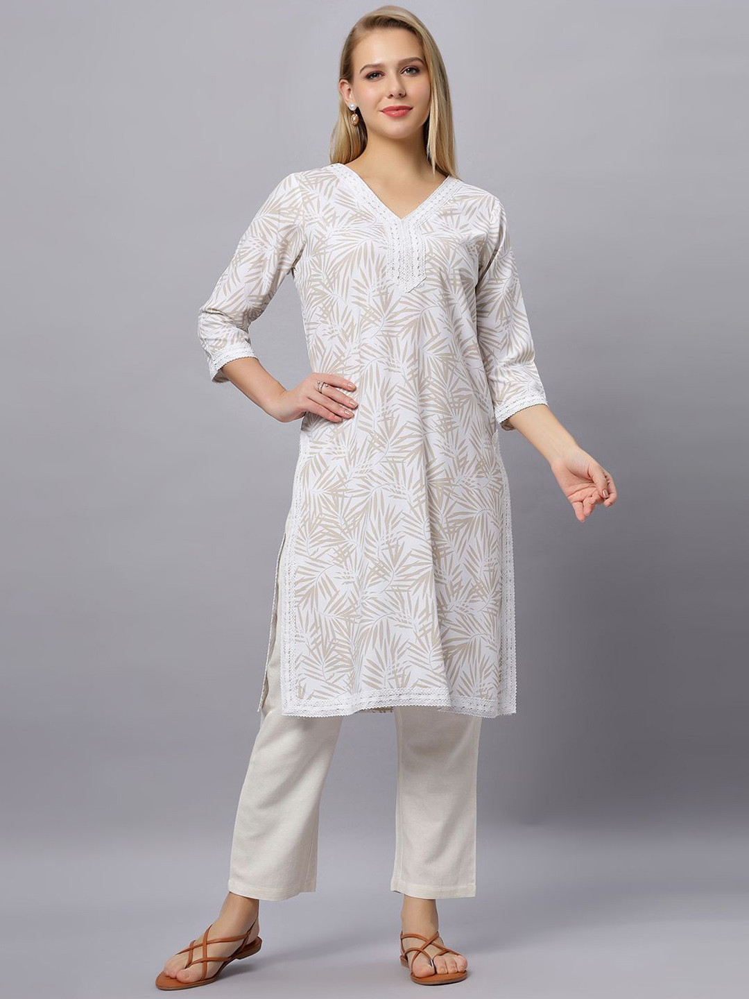 Autumn Hues Tropical Printed V- Neck Pure Cotton A-Line Kurta with Trousers