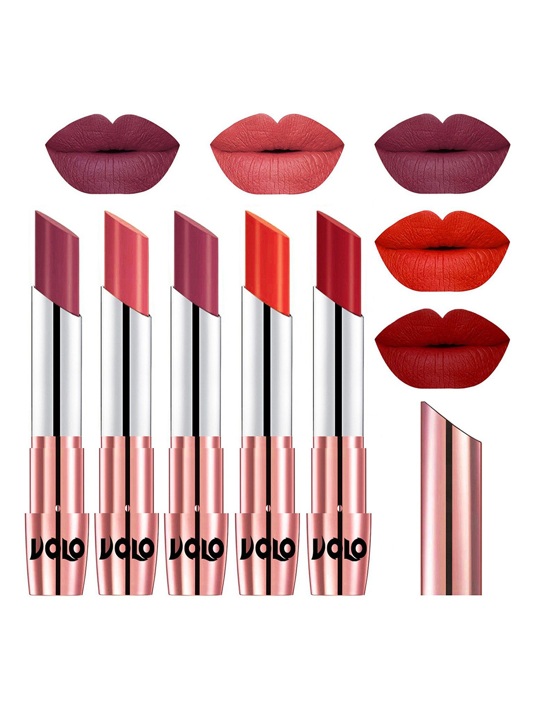VOLO 5Pc Creme Matte Lipstick-3.5g-Each Cherry- Dark Peach- Rose Pink- Coral-Tomato Red