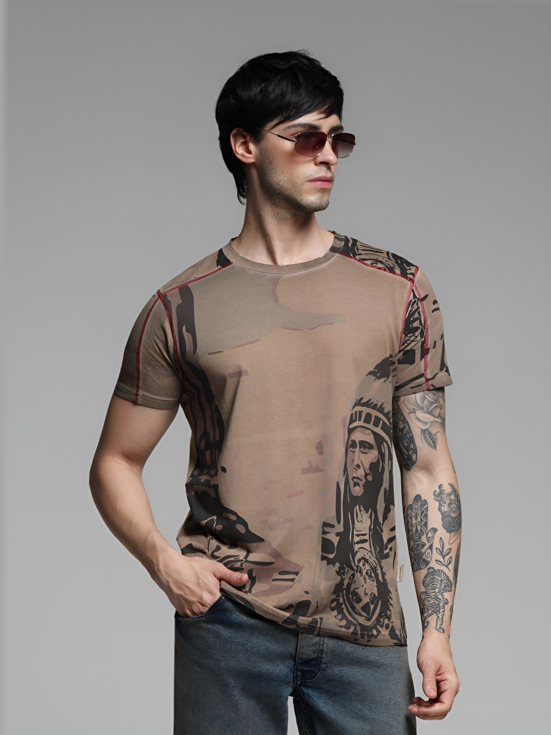 Jack & Jones Men Abstract Printed Round Neck Cotton T-shirt