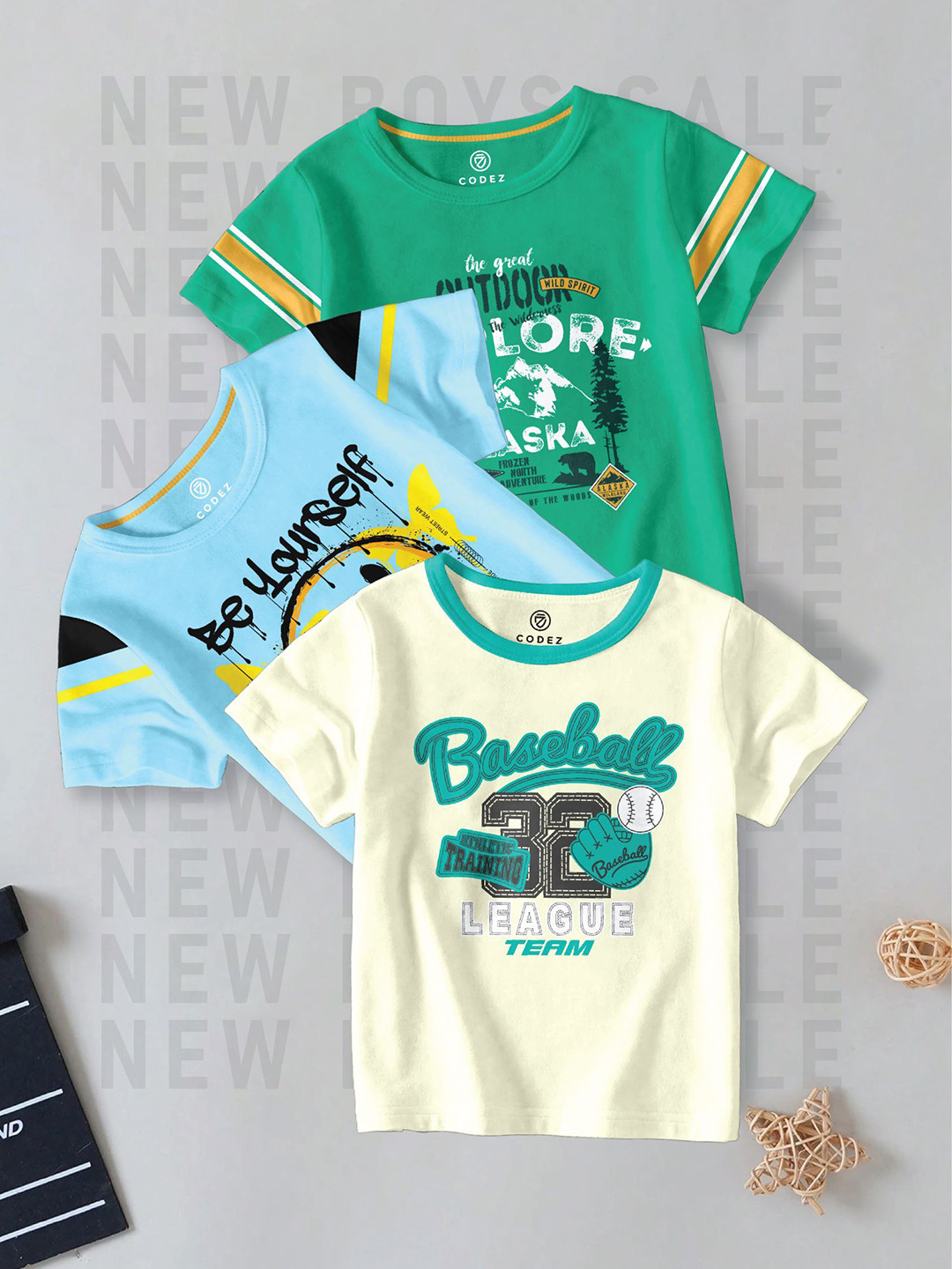 CODEZ Boys Pack Of 3 Typography Printed Round Neck Cotton T-shirts