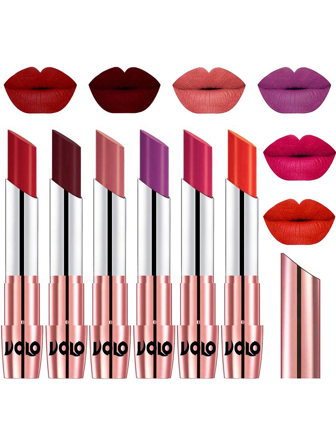 VOLO Set Of 6 Creme Matte Lipstick-Tomato Red-Maroon-Light Peach-Purple-Passion Pink-Coral