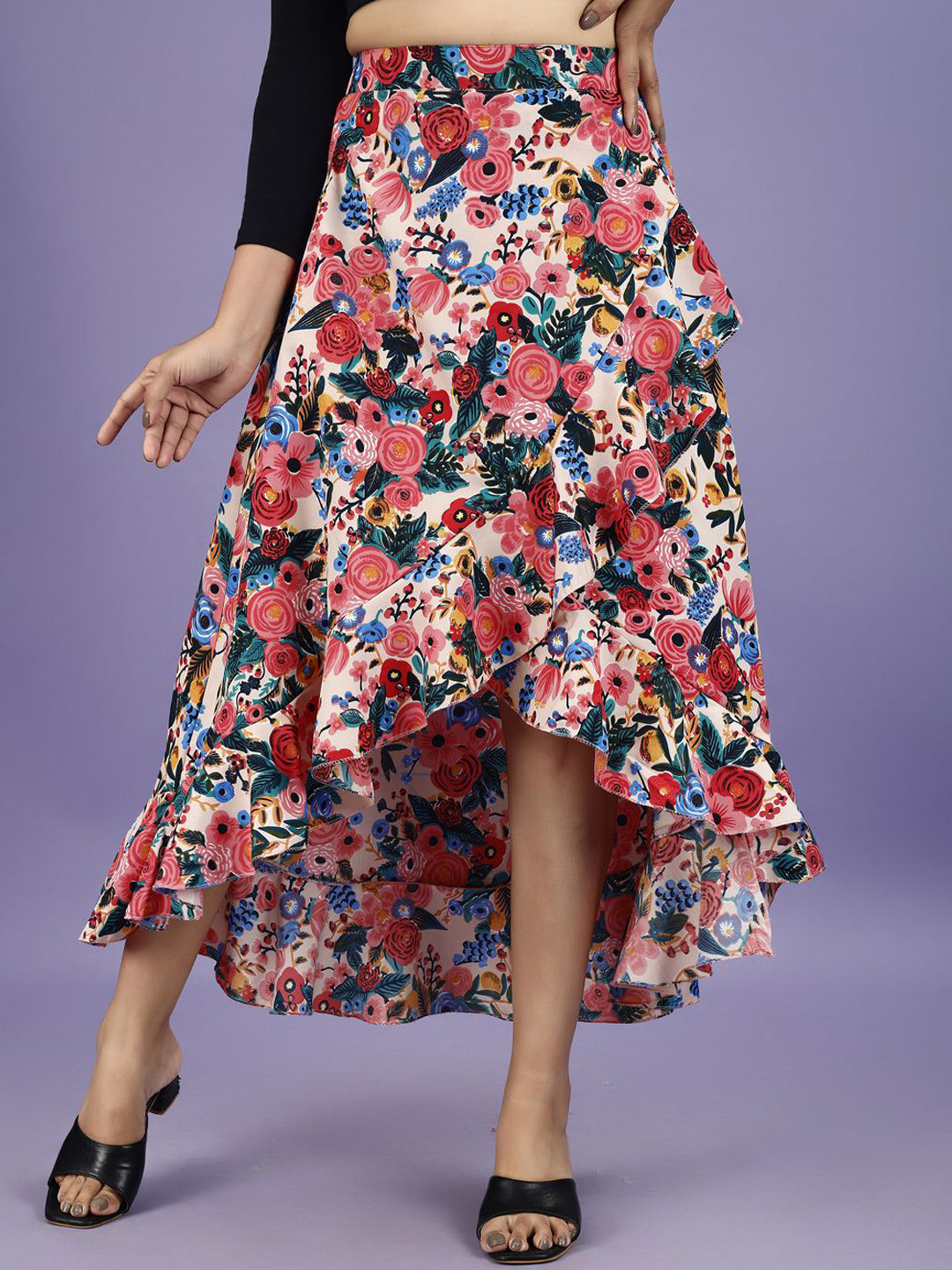 OTABU Floral Printed A-Line Maxi Skirts Ruffle-SFS-Blue Rose-26-Blue-Rose