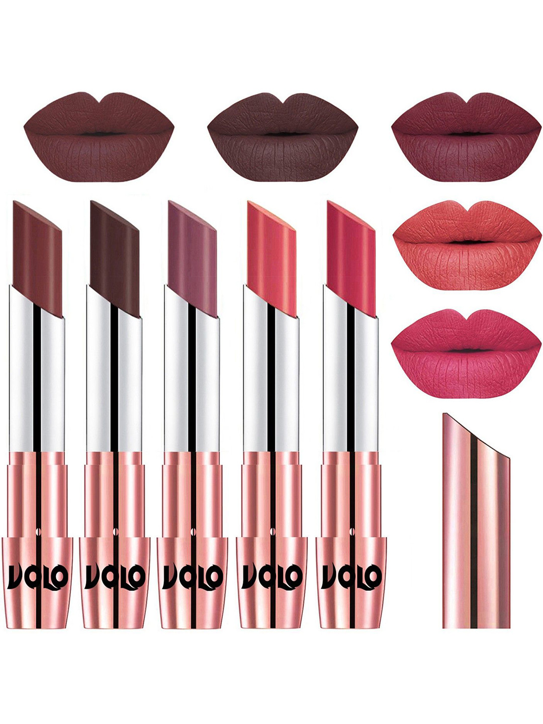 VOLO Set Of 5 Creme Matte Lipstick-3.5g-Coffee- Chocolate- Plum- Dark Peach- Pink