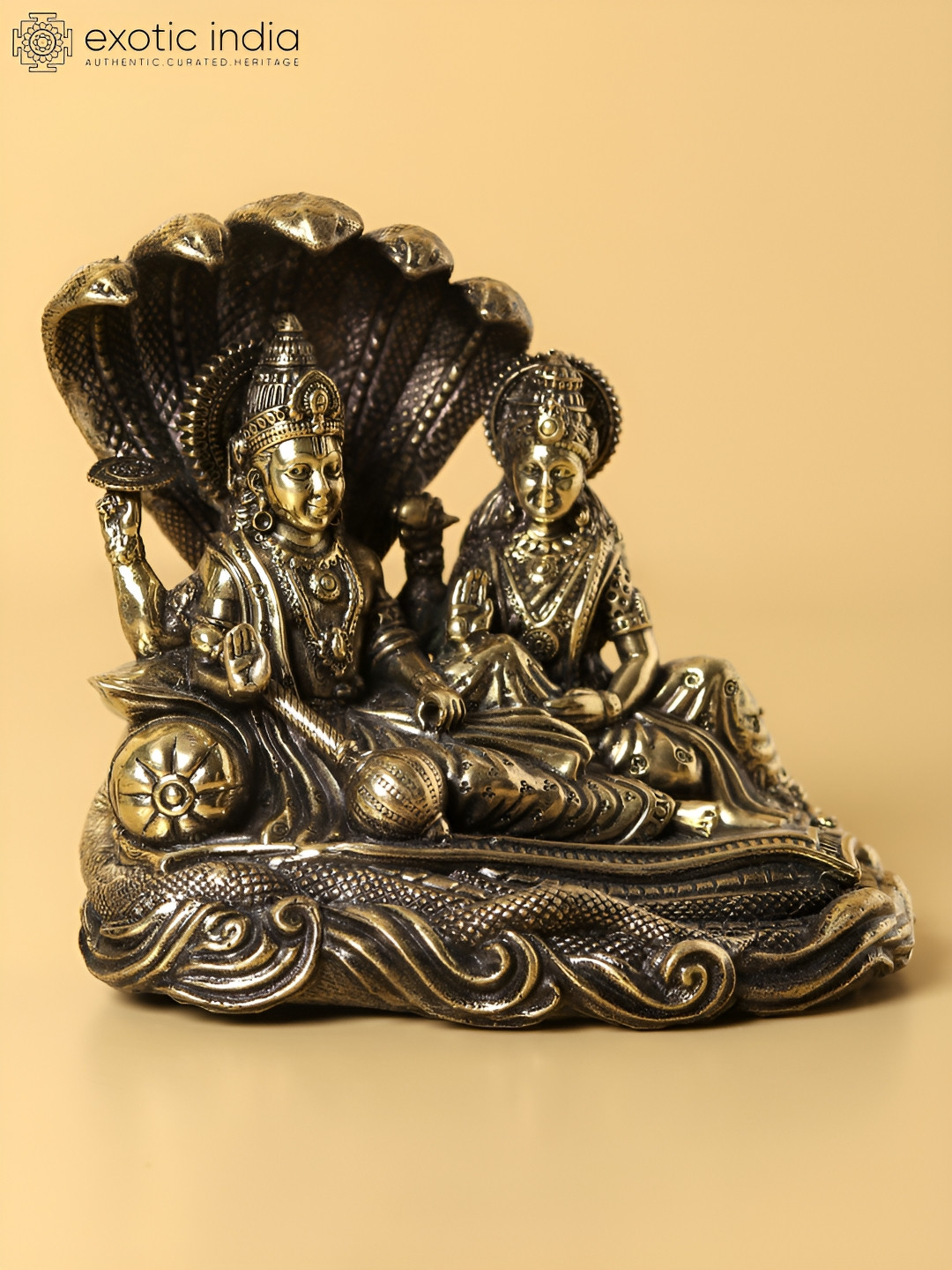 Exotic India Lakshmi Narayana Seated on Sheshnag Gold Brass Metallic Prayer Room Tiny Showpiece - 2 Inches
