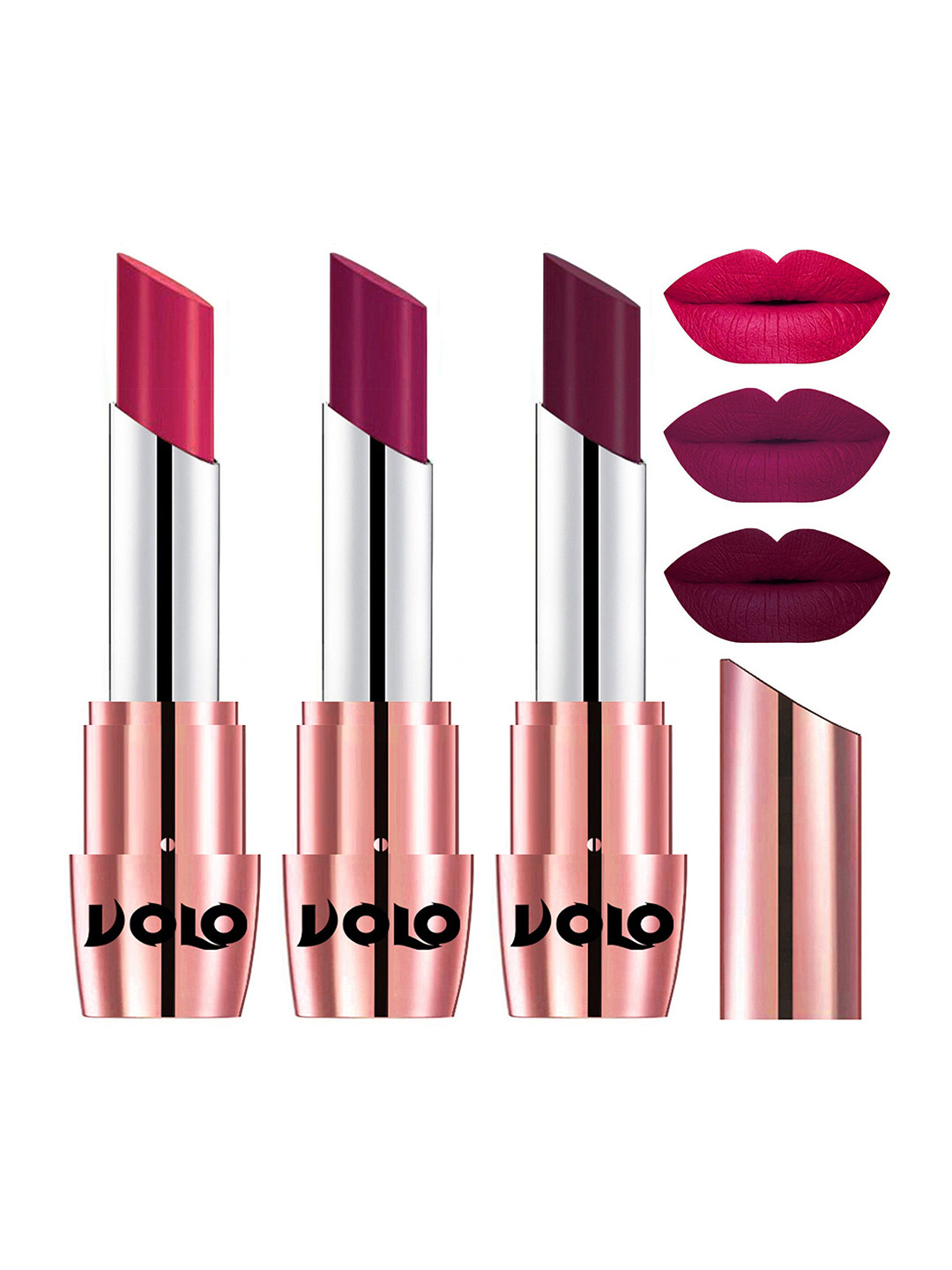 VOLO Set Of 3 Creme Matte Lipstick-3.5g Each-Magenta 644-Passion Pink645-Wine647