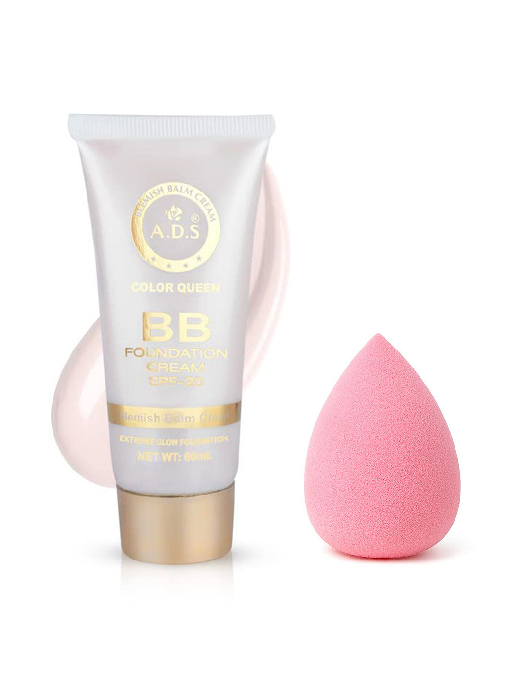 A.D.S Extreme Glow BB Foundation Cream & Sponge Beauty Blender Puff, 60gm Shade-01