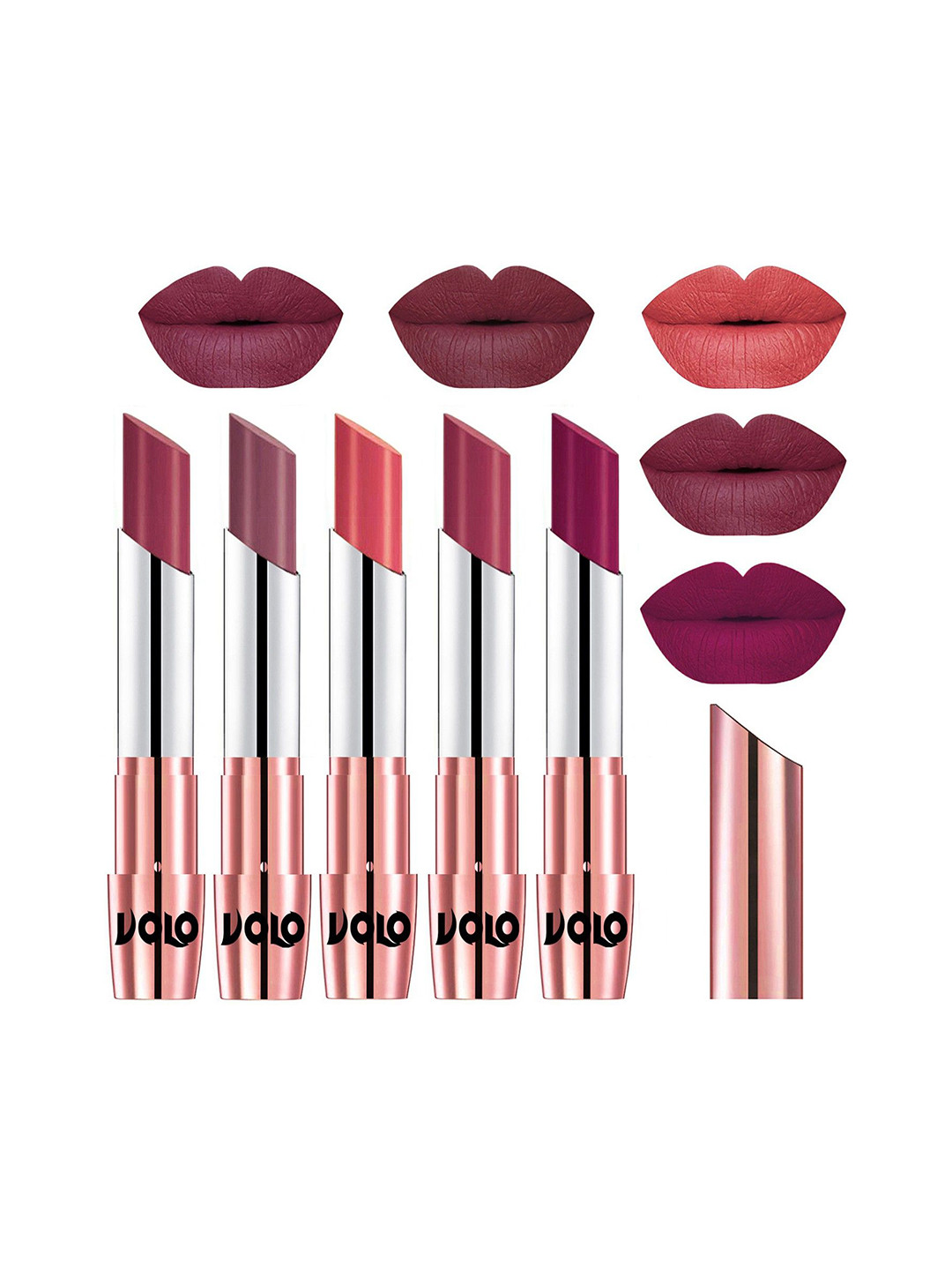 VOLO Set Of 5 Creme Matte Lipstick 3.5g Each - Cherry-Plum-Dark Peach-Rose Pink-Magenta