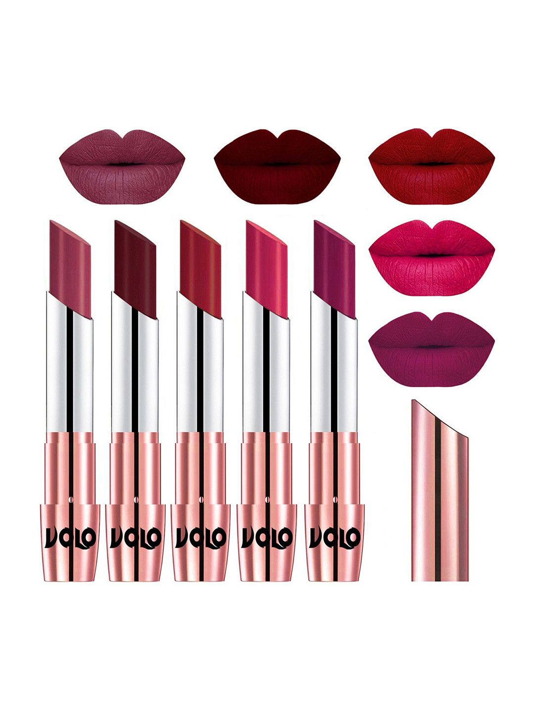 VOLO Set Of 5 Creme Matte Lipsticks-Cherry 31-Maroon 42-Red 43-Passion Pink 44-Magenta 45