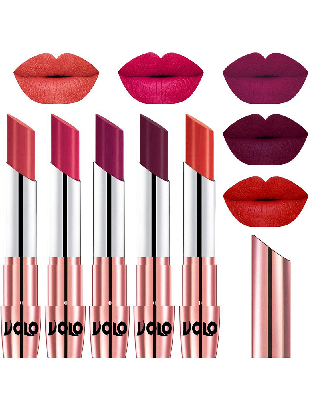 VOLO Set Of 5 Creme Matte Lipsticks -Peach 33-Passion Pink 44-Magenta 45-Wine 47-Orange 49