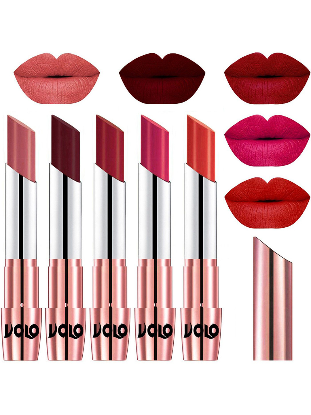 VOLO Set Of 5 Matte Lipstick-Light Peach 32-Maroon 42-Red 43-Passion Pink 44-Oraange 49
