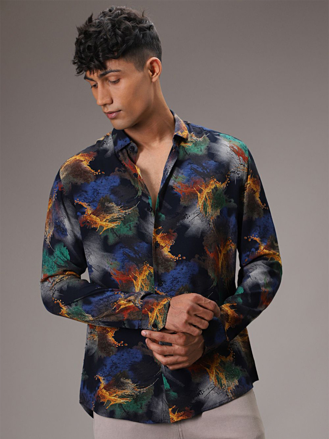 Banana Club Cascade Feather Abstract Viscose Rayon Long Sleeves Shirt