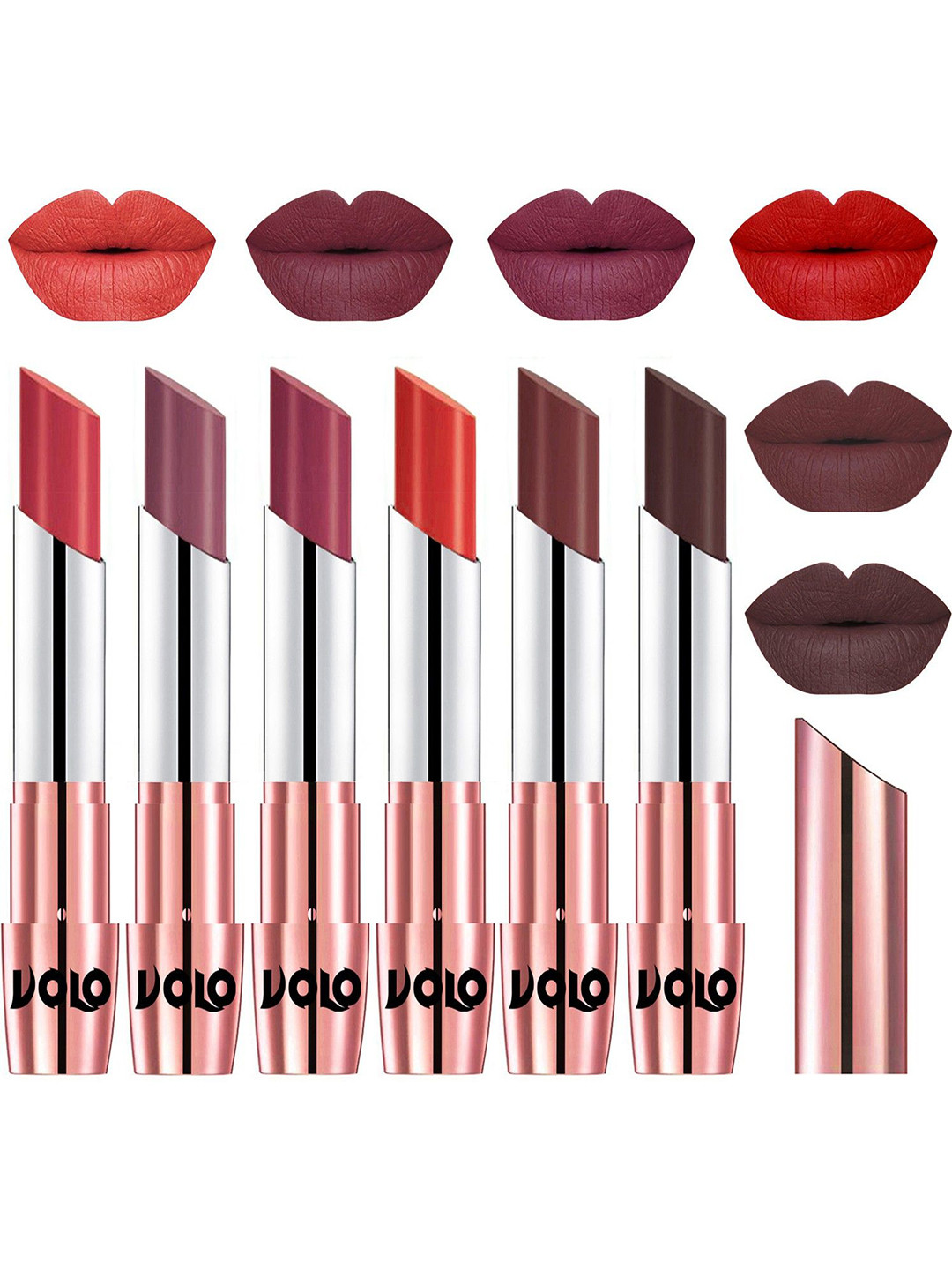 VOLO Set Of 6 Creme Matte Lipstick -Peach 02-Plum 06-Cherry 08-Orange -Coffee- Chocolate