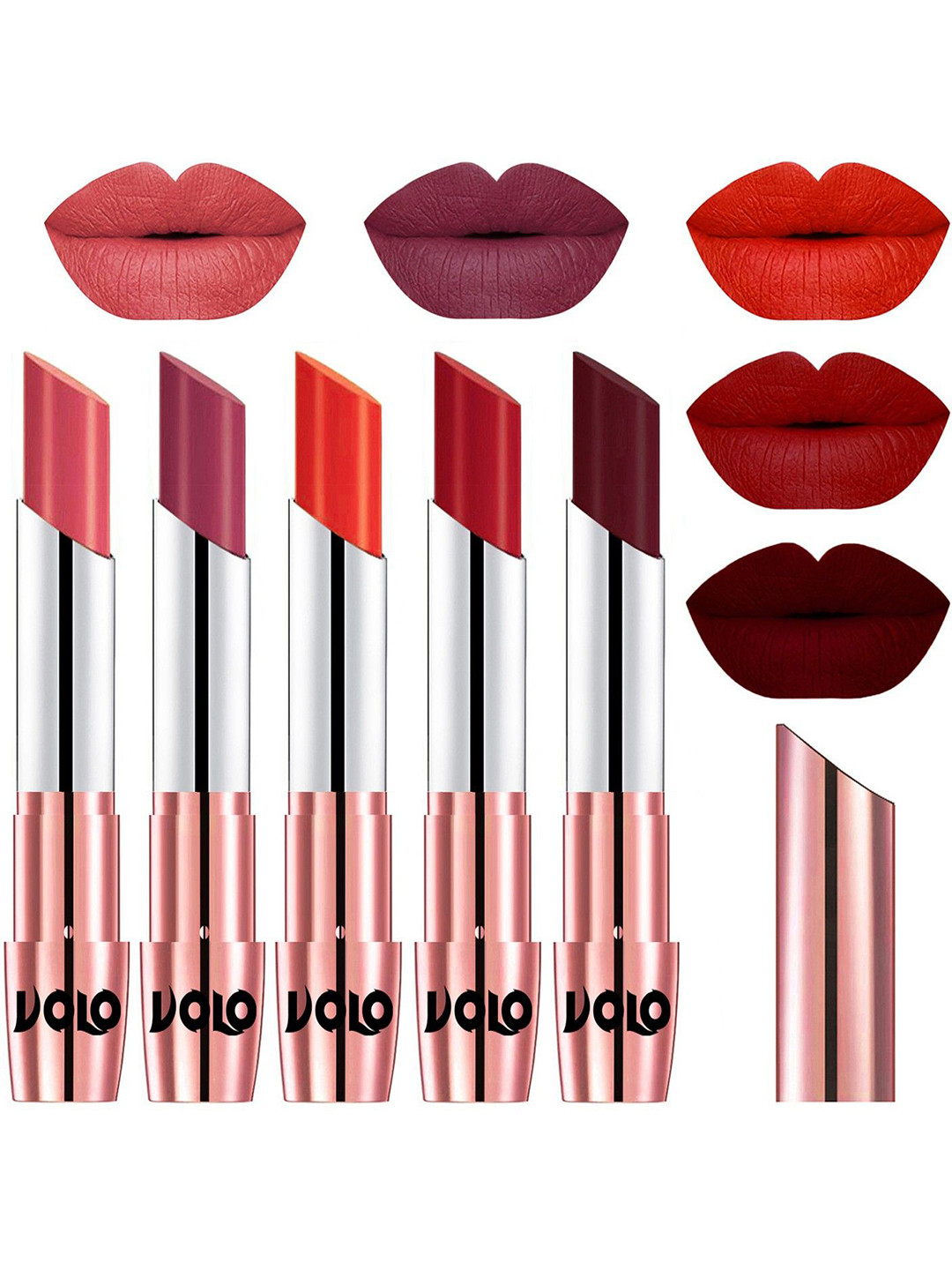 VOLO Set Of 5 Creme Matte Lipstick-Dark Peach- Rose Pink- Coral- Tomato Red- Maroon