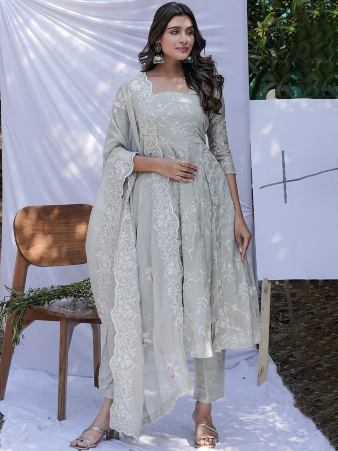 Emaira Floral Printed Square Neck Anarkali Kurta With Palazzos & Dupatta