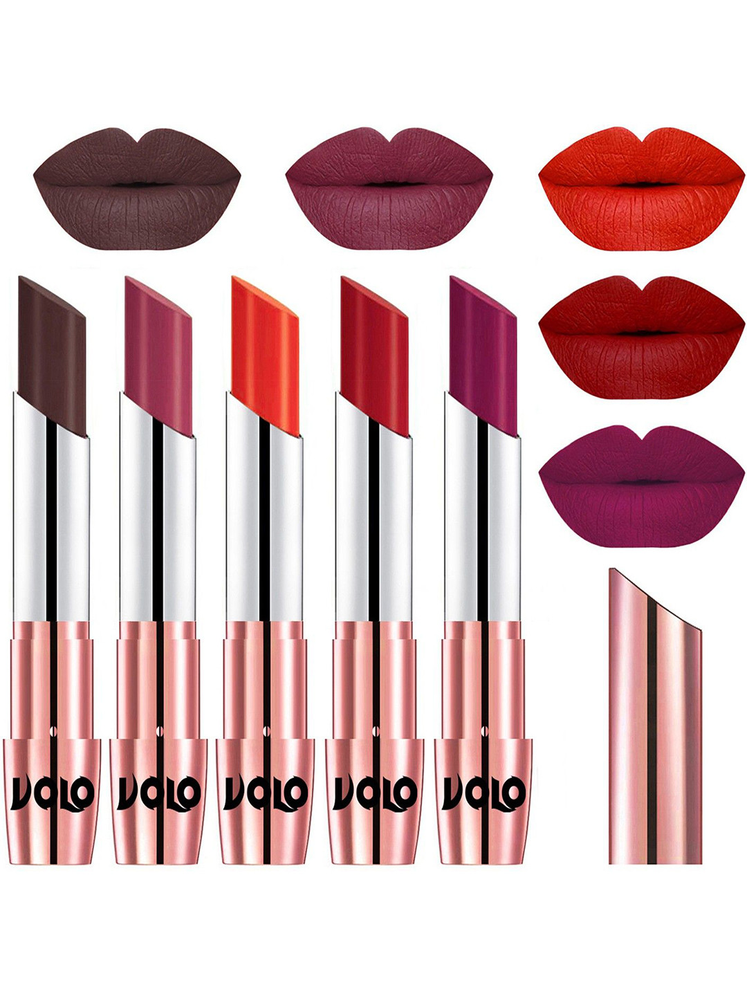 VOLO Set Of 5 Creme Matte Lipstick -Chocolate-Rose Pink-Coral-Tomato Red-Magenta