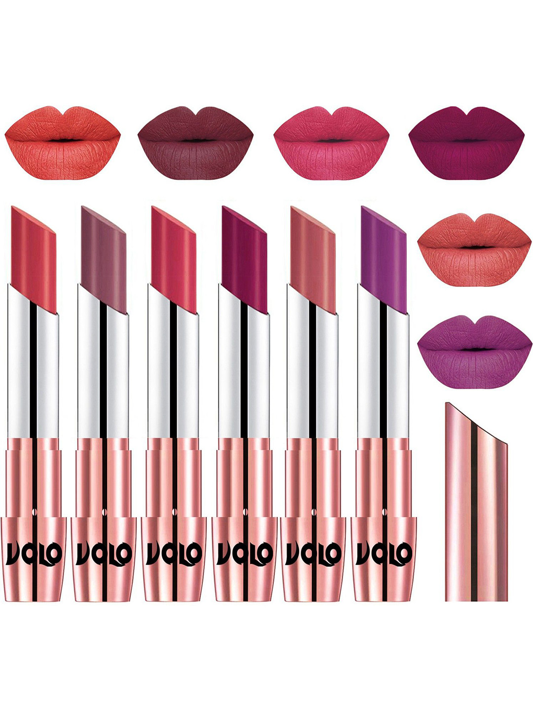 VOLO Set Of 6 Creme Matte Lipstick -3.5g Each - Peach-Plum-Pink-Magenta-Light Peach-Purple