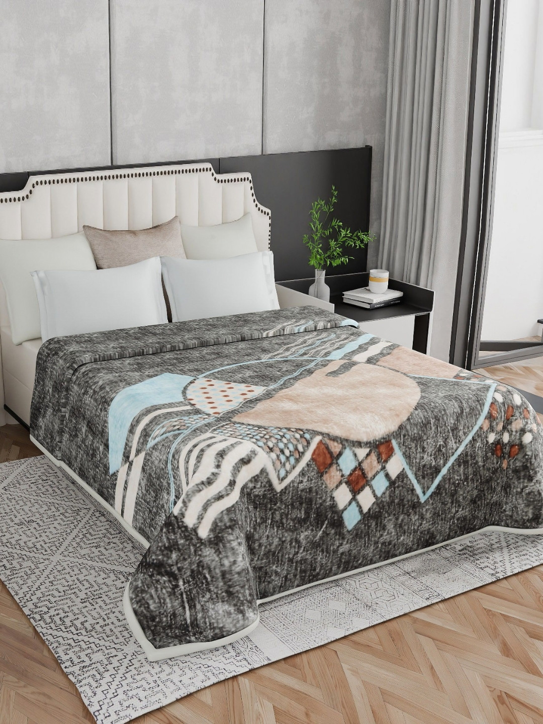 Signature kautilya Grey Melange & Cream-Coloured Mink Heavy Winter Double Bed Blanket